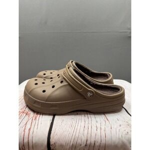 Crocs Classic Lined Clogs Mens 9 Khaki Tan Fuzzy Fleece Warm Slip On Shoes 11016